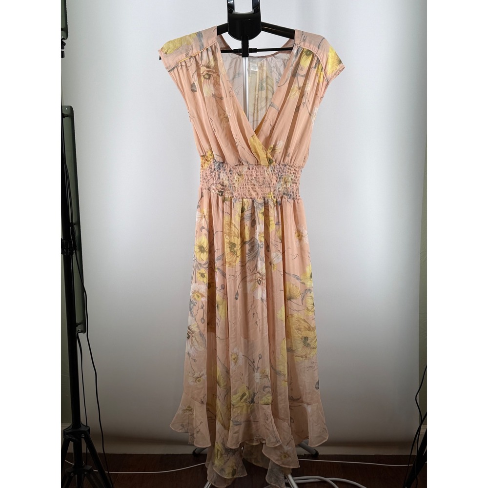 H&M Peach Floral Chiffon Maxi Dress Smocked Waist High Low Hem Pink Yellow US 2 - Picture 1 of 8